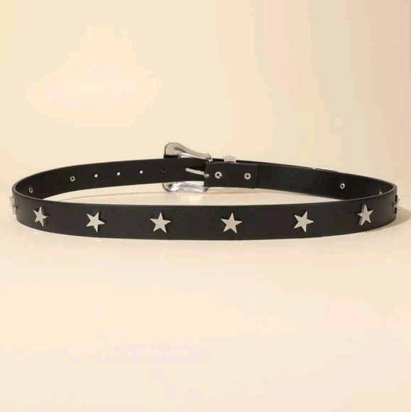 Western boho silver buckle black faux leather star studs waist belt - Picture 6 of 14
